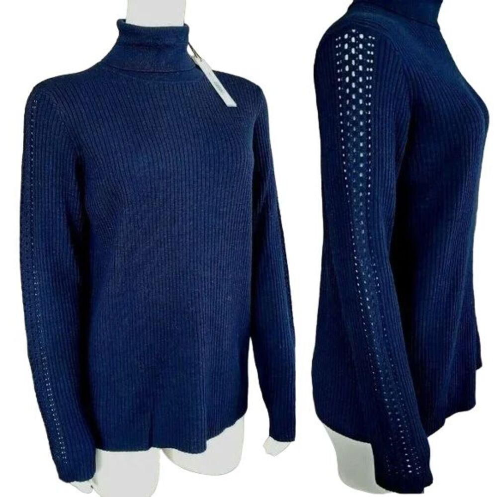 Elie Tahari M Turtleneck Sweater Maelee Navy Ribbed Pointelle Perforated Sleeves